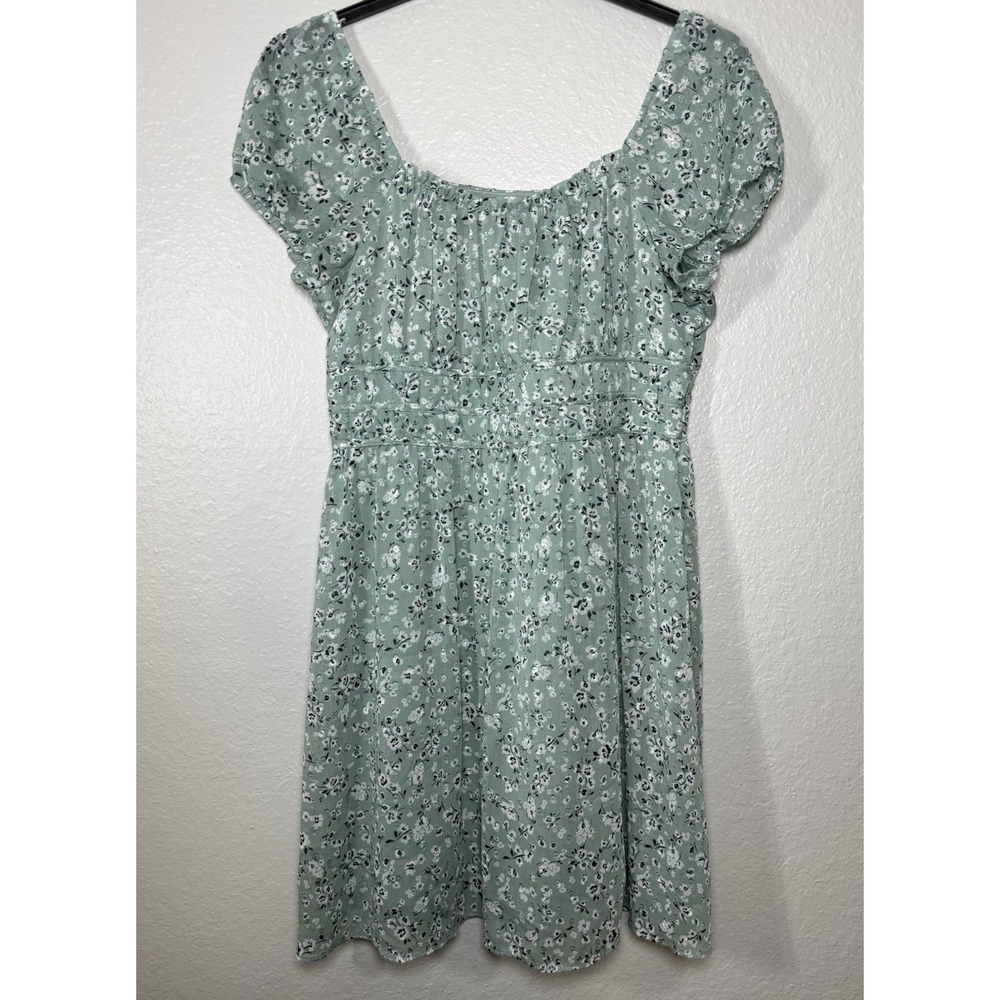IN San Francisco Green Floral Smocked Mini Dress Square Neck Puff Sleeve Size L